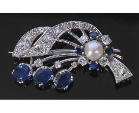 Diamond, Sapphire and Pearl spray brooch, the spray design frame displays a feature 8mm cultured pearl, embellished with a to