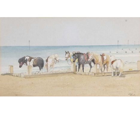 John Hunt (British 20th Century), Hunstanton Beach Ponies, and a further example, Pencil, watercolour, signed.