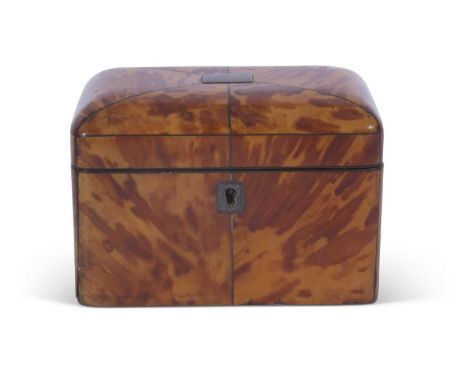 Mid-19th century tortoiseshell veneered tea caddy with pewter divisional inlays, the lid opening to reveal two lidded compart
