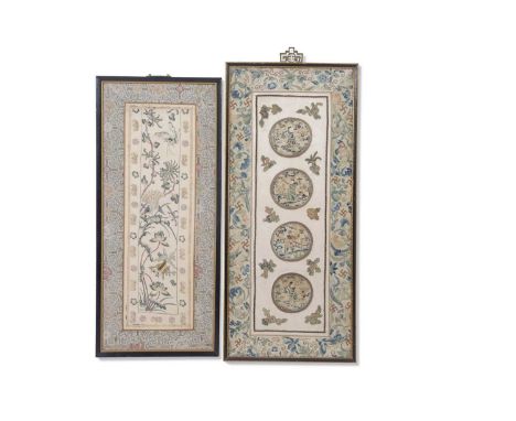 Pair of framed Chinese embroideries, one with fish and butterflies bordered by Happiness emblems of bats and double happiness