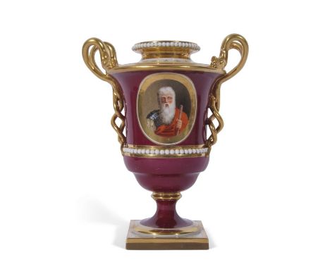 Flight Barr &amp; Barr vase by Thomas Baxter, the puce ground with oval portrait medallion of Belesarius, within a gilt borde