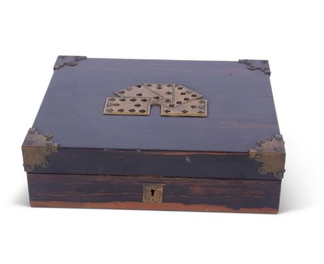 19th century coromandel games box, the lid decorated with brass playing cards and corner mounts, the interior containing crib