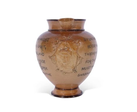 Doulton Lambeth commemorative jug made for John Mortlock commemorating the jockey Fred Archer with inscription either side of