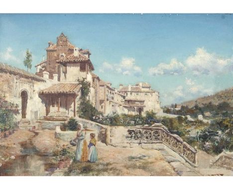 Arthur Trevor Haddon (British 1864-1941) Iberian Scene with figures by a terrace , Oil on canvas, signed. Provenance: by desc