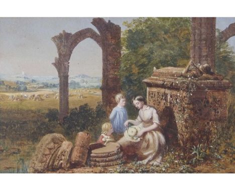 ** L. Rayner (British 19th Century), Figures playing among ruins , Gouache on paper, indistinctly signed. 10x14ins