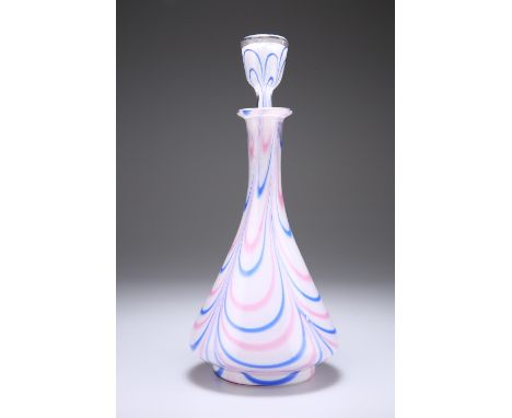 A 19TH CENTURY NAILSEA STYLE DECANTER, of tapered conical form with tall collar neck, decorated with a pink and blue pulled l