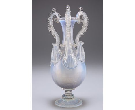 A VENETIAN OPAL GLASS VASE, CIRCA 1850, the body in a traditional urn shape, with three applied 'S' shaped ridged and curled 