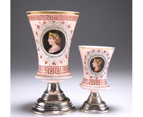 TWO CONTINENTAL OPALINE GLASS AND SILVER BEAKER CUPS, 19TH CENTURY, each body painted with a Greek Meander pattern and portra