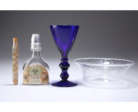 A GROUP OF GLASS, comprising A VERY RARE VINTAGE CUSENIER FREEZOMINT CREME DE MENTHE FLASK WITH "DOUBLE NECK", the outer neck