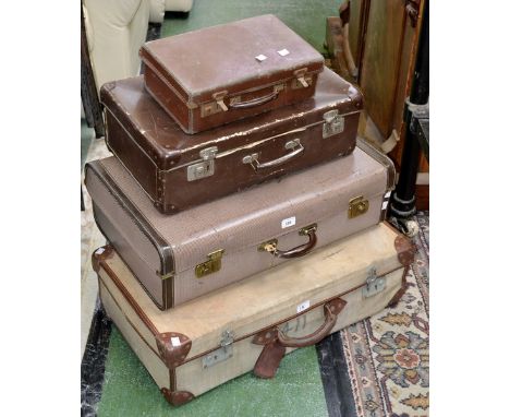 Vintage luggage - a canvas covered suitcase with broad arrow stamp; a 1950's suitcase; an overnight case; a valise (4)