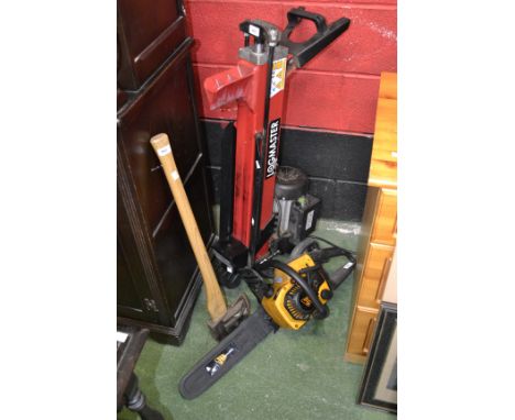 A Longli Industry electric Logmaster log splitter; a JCB 40cm chainsaw; a Chopper 1 style log splitting maul axe with 7LB dro