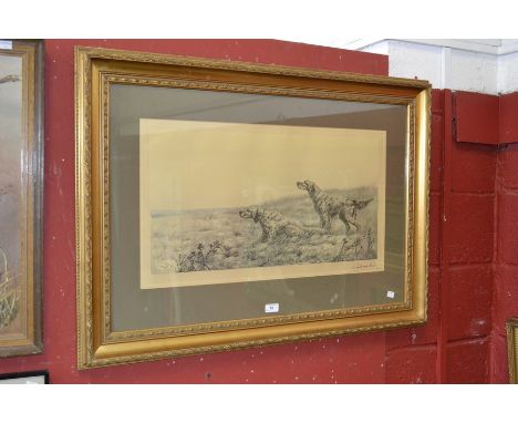 Leon Danchin, afterA pair of Setters Hunting, coloured engraving, framed