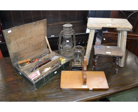 A 19th century stool with four turned legs; another; a 20th century Tornado lantern; tools, various in a wooden box, etc.