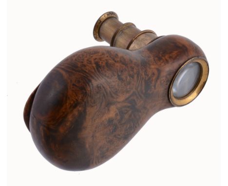  A rare novelty three draw pocket telescope and snuff box combination, unmarked, circa 1800, the rounded burr wood box with a