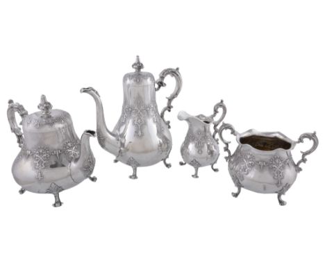  A Victorian silver four piece baluster tea and coffee service by Robert Hennell III, London 1854, the tea and coffee pots wi