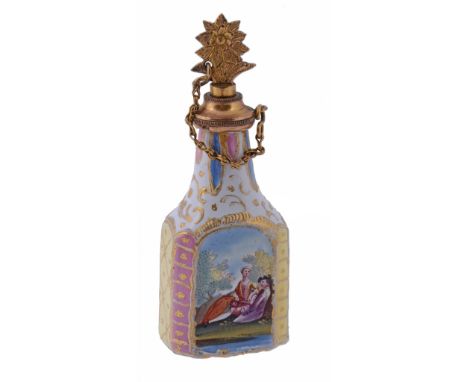  A south Staffordshire enamel Rainbow Group scent flask, circa 1765, of bottle shape, one side transfer printed and coloured 