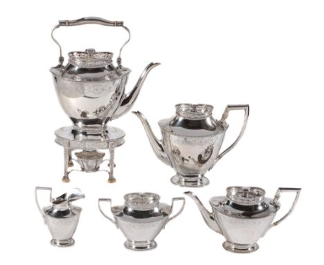  A Dutch silver five piece tea service, maker's mark 2.A over D.R (not traced), 1814-1953 1st standard (.934), circa 1920, ea