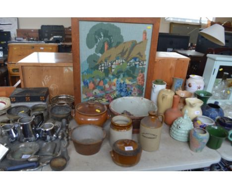 A quantity of stoneware bottles and pots; earthenware bowl; embroidered fire screen etc