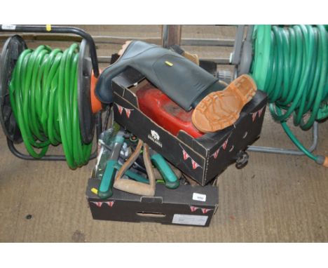A box of various gardening tools; petrol can and pair of size 4 wellington boots etc.