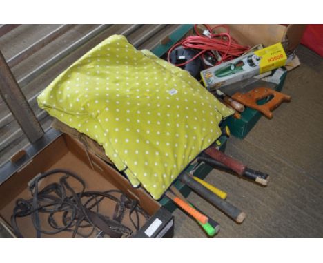Two boxes of various bats and rackets; tools; cushions etc.