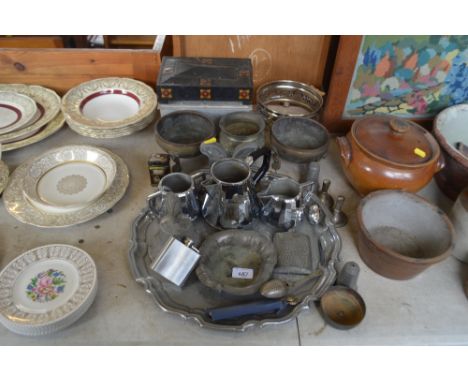 A quantity of metalware items to include a tray; jardinieres; hip flask; tea strainer etc