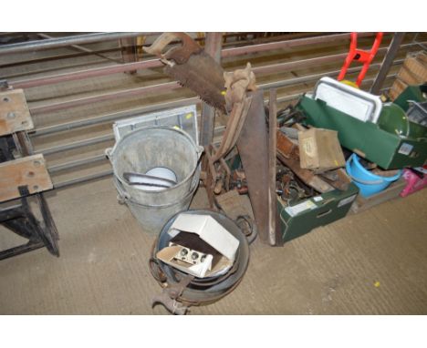 A quantity of various tools to include a vice; swing handle pails; stained glass panels; preserve pans etc.