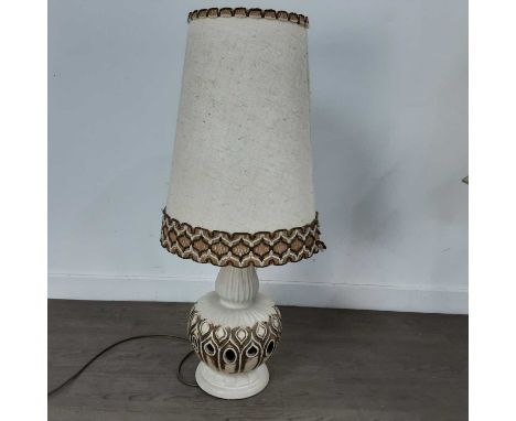 WEST GERMAN POTTERY LAMP AND TWO OTHER LAMPS including a Chinese carved figural lamp and an Art Deco style lamp, each with sh