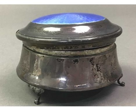 SILVER AND GUILLOCHE ENAMEL TRINKET BOX ALONG WITH A SILVER CAPSTAN INKWELL AND A TRINKET BOX the trinket box decorated with 