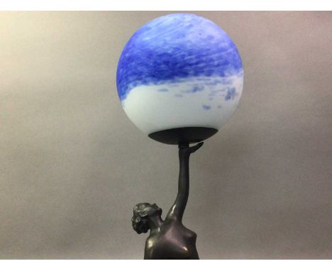 ART DECO STYLE LAMP with blue glass shade43cm high