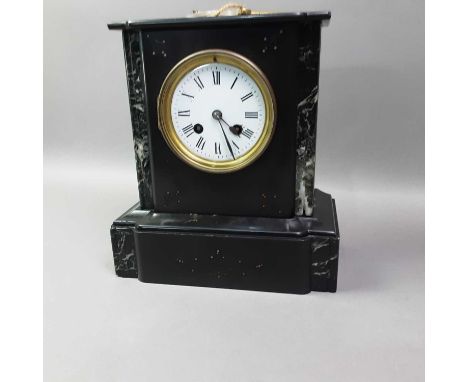 BLACK SLATE MANTEL CLOCK WITH AN EDWARDIAN  MAHOGANY SIDE TABLE the table with pierced fretwork25cm highQty: 2