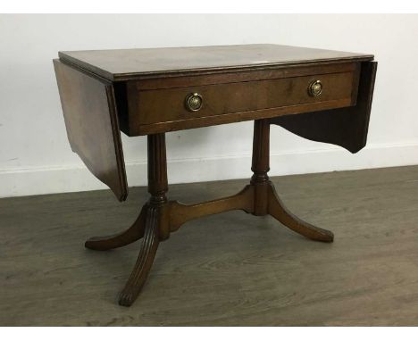 SMALL MAHOGANY SOFA TABLE with single drawer with two brass circular handles 50cm x 106cm x 40cm 