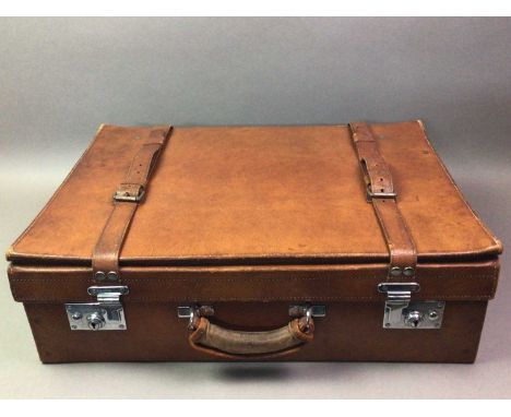 GENTLEMAN'S VINTAGE BROWN LEATHER TRAVELLING CASE AND OTHER ITEMS  the case with folding flap enclosing a series of dressing 
