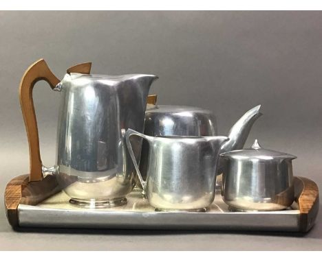 PICQUOT WARE TEA AND COFFEE SERVICE WITH TRAY comprising tea pot, coffee pot, sugar bowl, milk jag and double handled tray