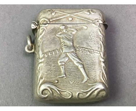 GOLFING INTEREST, AMERICAN SILVER VESTA CASE ALONG WITH A SILVER CANE TOPPER AND A SNUFF BOX the vesta decorated with a golfe