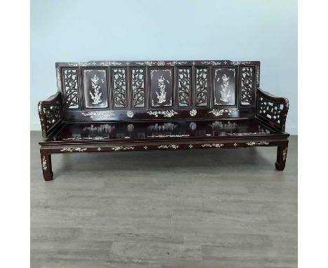 REPRODUCTION CHINESE HARDWOOD  BENCH with mother of pearl inlay and craved panels 186cm wide