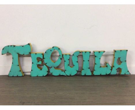 TEQUILA, AN INDUSTRIAL ART PUB SIGN in blue and yellow125cm wide