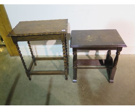 A barley twist oak side table and a side table with a book trough, book trough needs restoration - removed from a Cambridge C