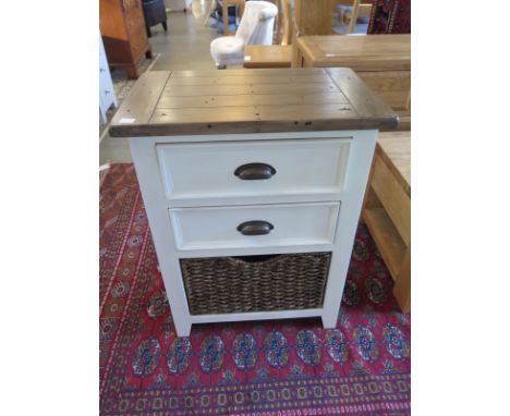 An antique white style console table with basket - 65cm W x 40cm D x 85cm H 