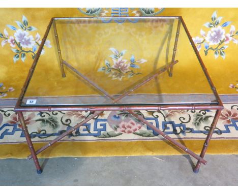 A French square glass coffee table with a bamboo effect frame, rubbed enamel with some red tones - 70cm W x 40cm H x 70cm D 