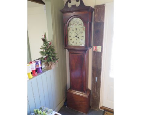 An 8 day longcase clock with a painted arched dial, with calendar missing its seconds hand, in a good quality frame, mahogany