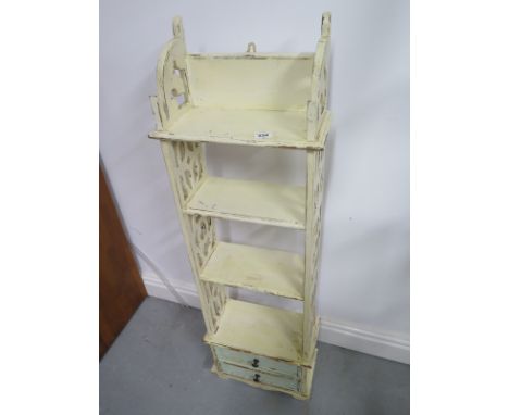 A shabby-chic painted hanging shelf with 2 drawers - in clean condition - 111cm H x 34cm W x 17cm D 