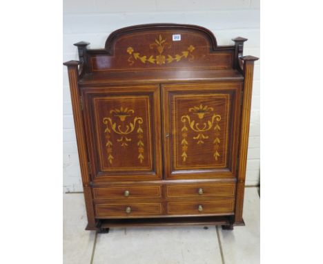 A Victorian mahogany hanging cabinet with marquetry inlays, four drawers and a shelf to its base, approx 98cm H x 68cm W x 22