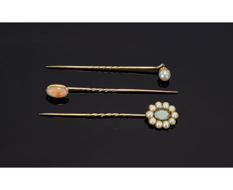 Antique 14ct Gold - Stone Set Stick Pins ( 3 ) Three In Total, Set with Opal and Pearls, One of Stick Pins with Vacant Cartou