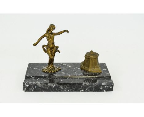 Art Deco Desk Tidy, Marble Base With Recess, Architectural Inkwell And Figural Stand