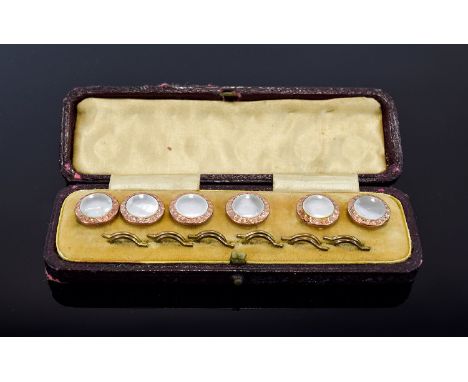 Victorian Period Fine Set of a Gentleman's 9ct Rose Gold Pearl Studs. In Original Box, Not Marked but Tests Gold. c.1880 - Pl