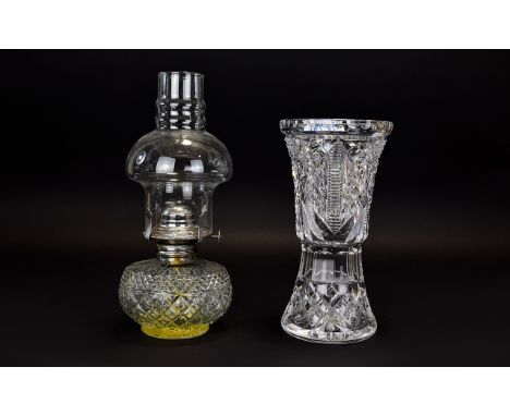 Cut Glass Flower Vase with star cut base 10 inches in height c1930's. Together with Austrian Cut Glass Lamplight Farms Oil Pa