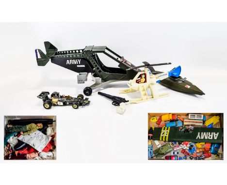 Two Boxes Containing Playworn Diecast Cars And Several Action Man Pieces To include large car/floatplane with Action Man bran