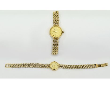 Ladies Rotary Quartz 9ct Gold Wrist Watch with Integral 9ct Gold Weave Bracelet. c.1990's. Fully Hallmarked Watch Case and Br