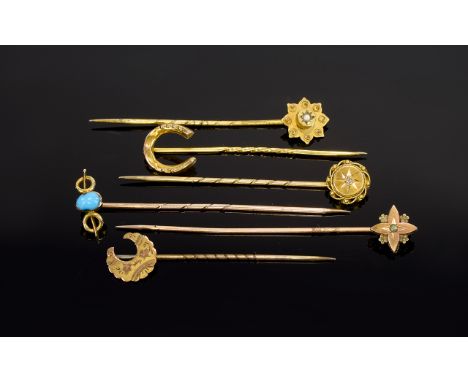 A Good Collection Of Antique 9ct Gold Stone Set Stick Pins Six in total, all in excellent condition. Please see photo. Hallma