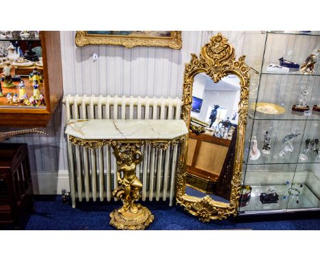 Italian Style Figural Cherub Gilt Console Table Green Onyx Top, With Associated Mirror, Total Height 88 Inches